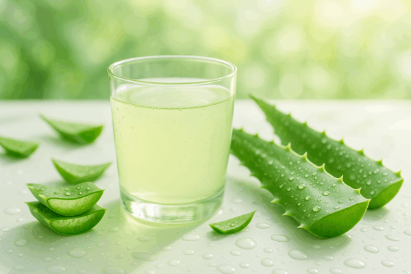Glass of organic aloe vera juice with fresh aloe vera leaves and water droplets, symbolising hydration, detox, and natural wellness.