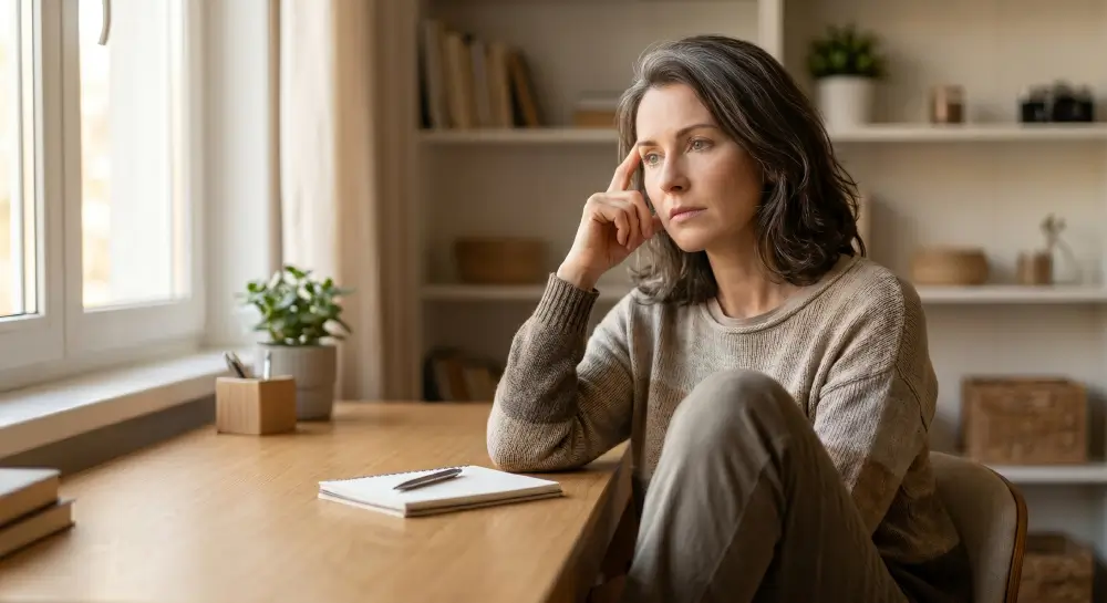 A thoughtful woman with grey-streaked hair looks out a window from her desk, her finger touching her temple.